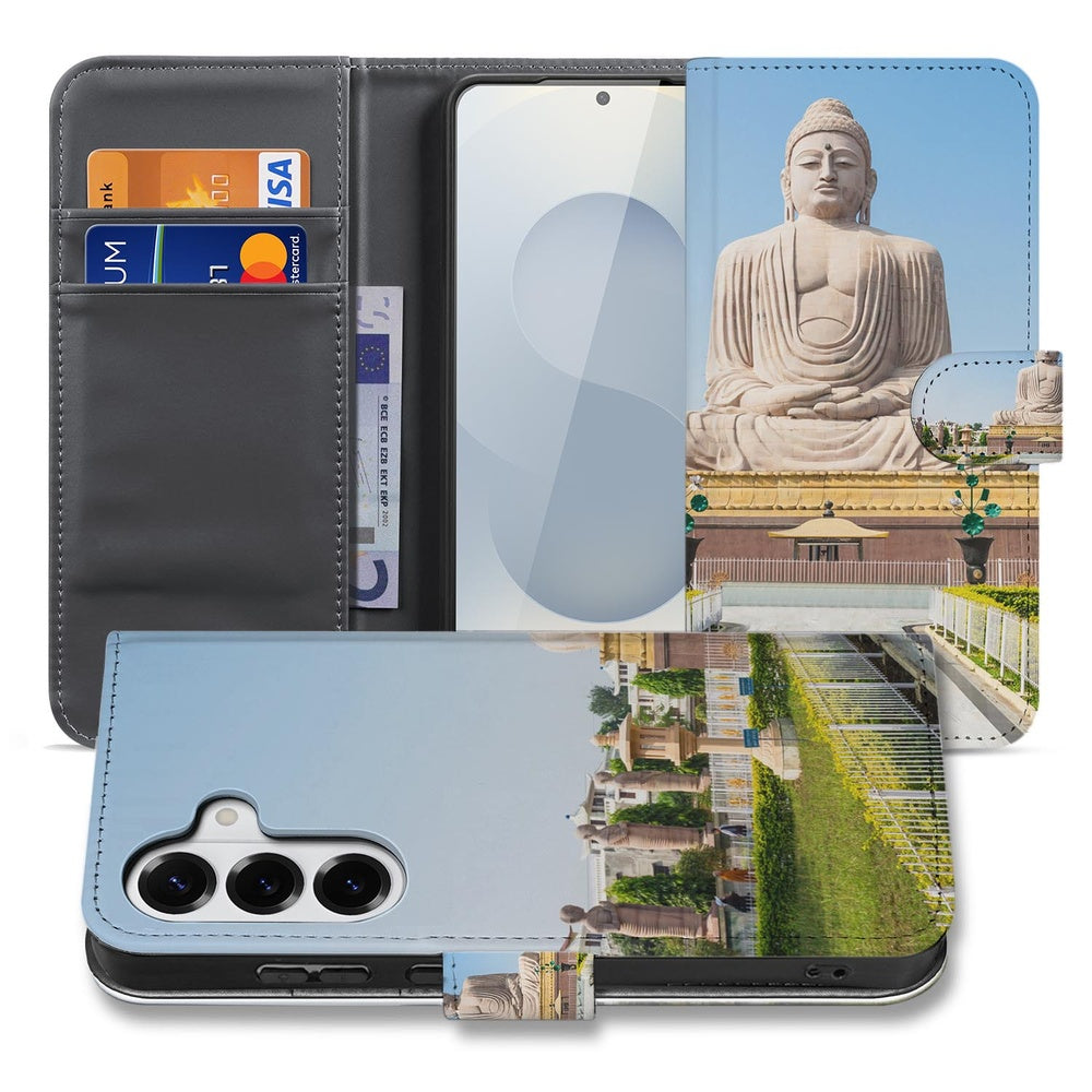 Samsung Galaxy S26 Plus Book Case Boeddha kunstleer design aanzicht met Buddha afbeelding.