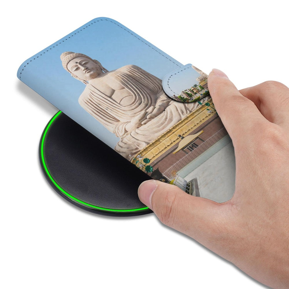 Samsung Galaxy S26 Plus Book Case Boeddha kunstlein met gouden/blauwe Boeddha print aanzicht.