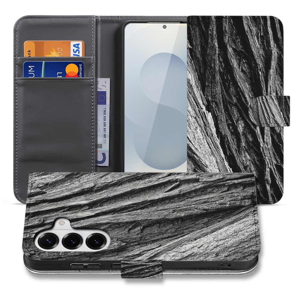 Samsung Galaxy S26 Plus Telefoonhoesje Boomschors Grijs Rustiek boekcase voorzijde en binnenzijde.
