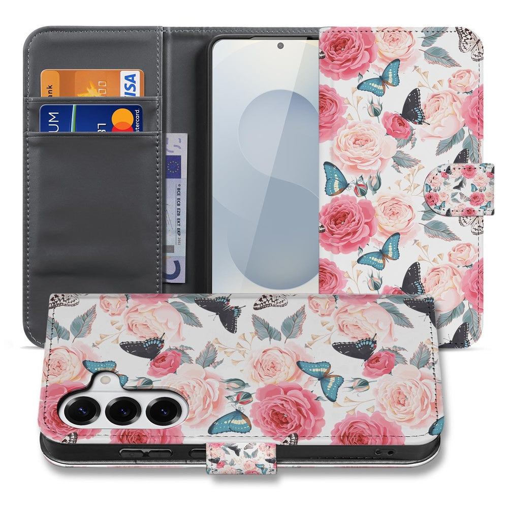 Samsung Galaxy S26 Plus Bookcase Hoesje Roze Butterfly boekcase met roze rozen vlinders gesloten en geopend.
