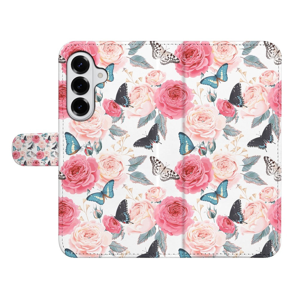 Samsung Galaxy S26 Plus Bookcase Hoesje Roze Butterfly design met rozen en vlinders vooraanzicht.