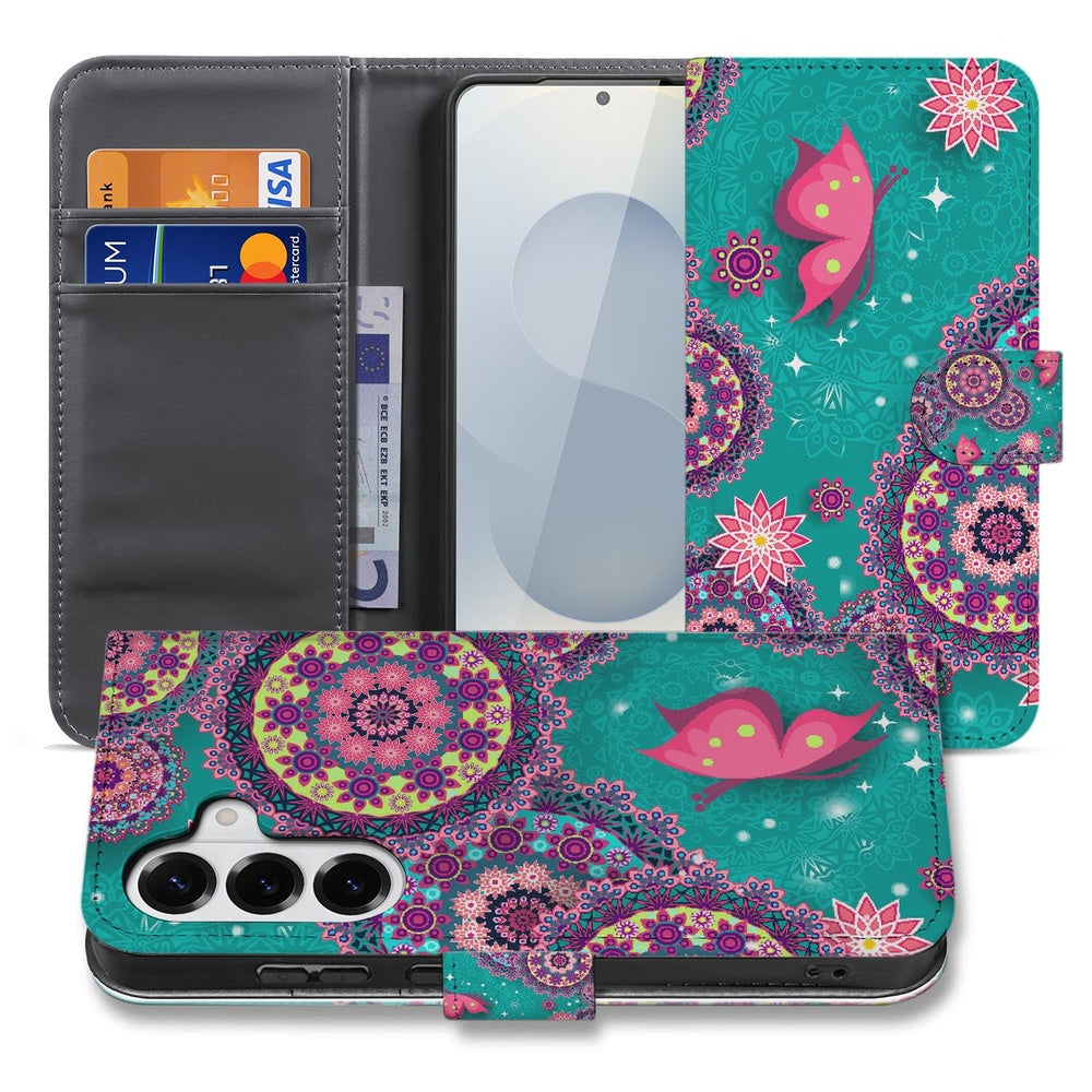 Samsung Galaxy S26 Plus Bookstyle Hoesje Met Pasjes Cirkels en Vlinders design kleurrijke mandala cirkels en vlinders aanzicht.