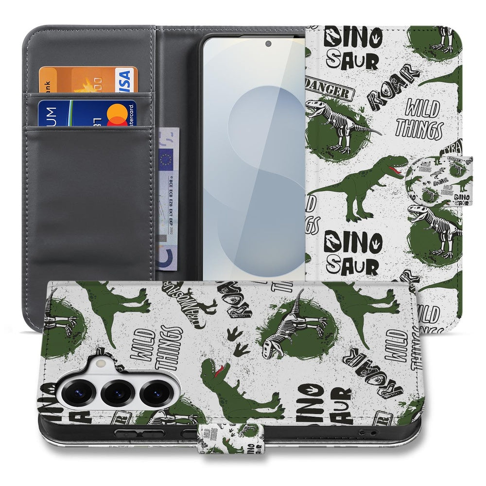Samsung Galaxy S26 Plus Book Case Met Pasjes Dino Print boek hoes met dino print, open aanzicht.