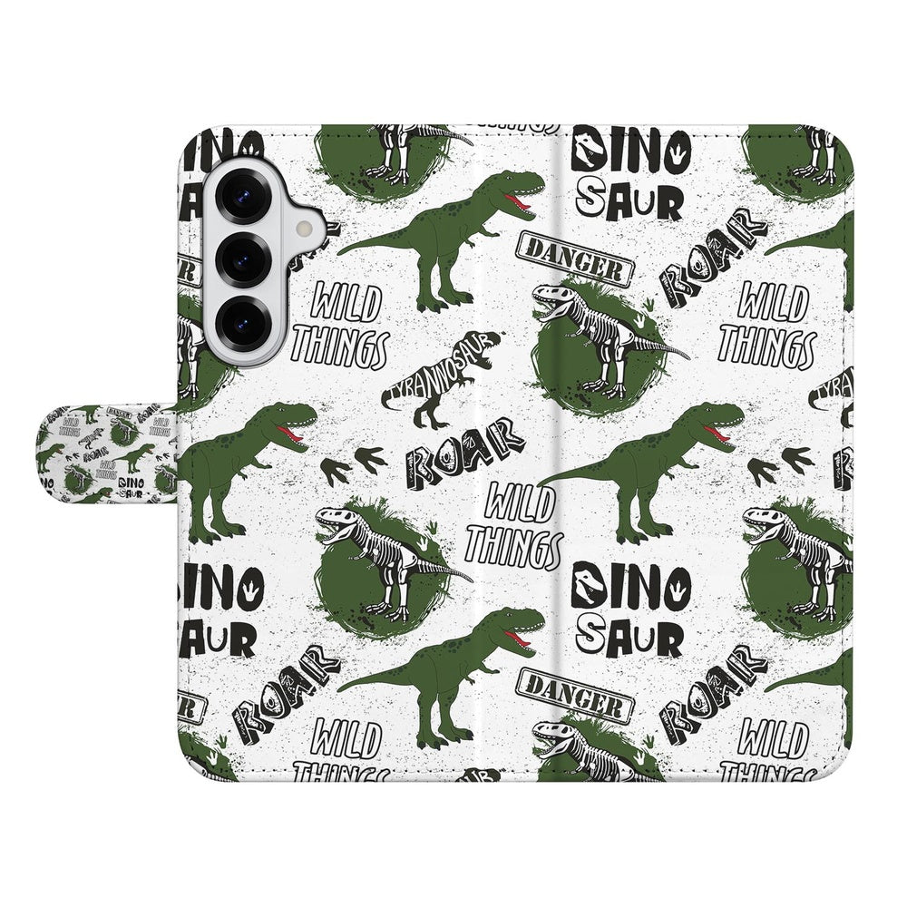 Samsung Galaxy S26 Plus Book Case Met Pasjes Dino Print dinosaurussen print wit groen voorkant.