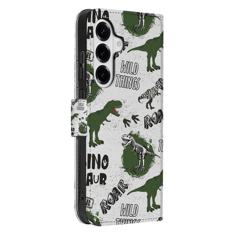 Samsung Galaxy S26 Plus Book Case Met Pasjes Dino Print Dino print groen wit zijaanzicht.