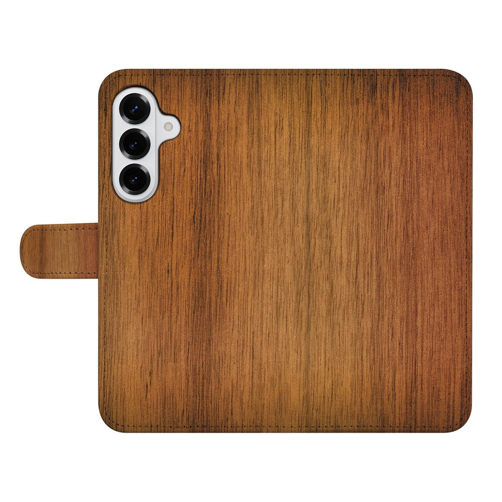 Samsung Galaxy S26 Plus Book Case Donker Hout kunstleer donker houtprint achterkant.