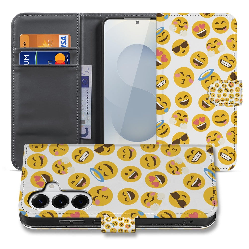 Samsung Galaxy S26 Plus Book Case Meerkleurig Emoji voorzijde met vrolijke emoji-print en zwarte binnenkant.