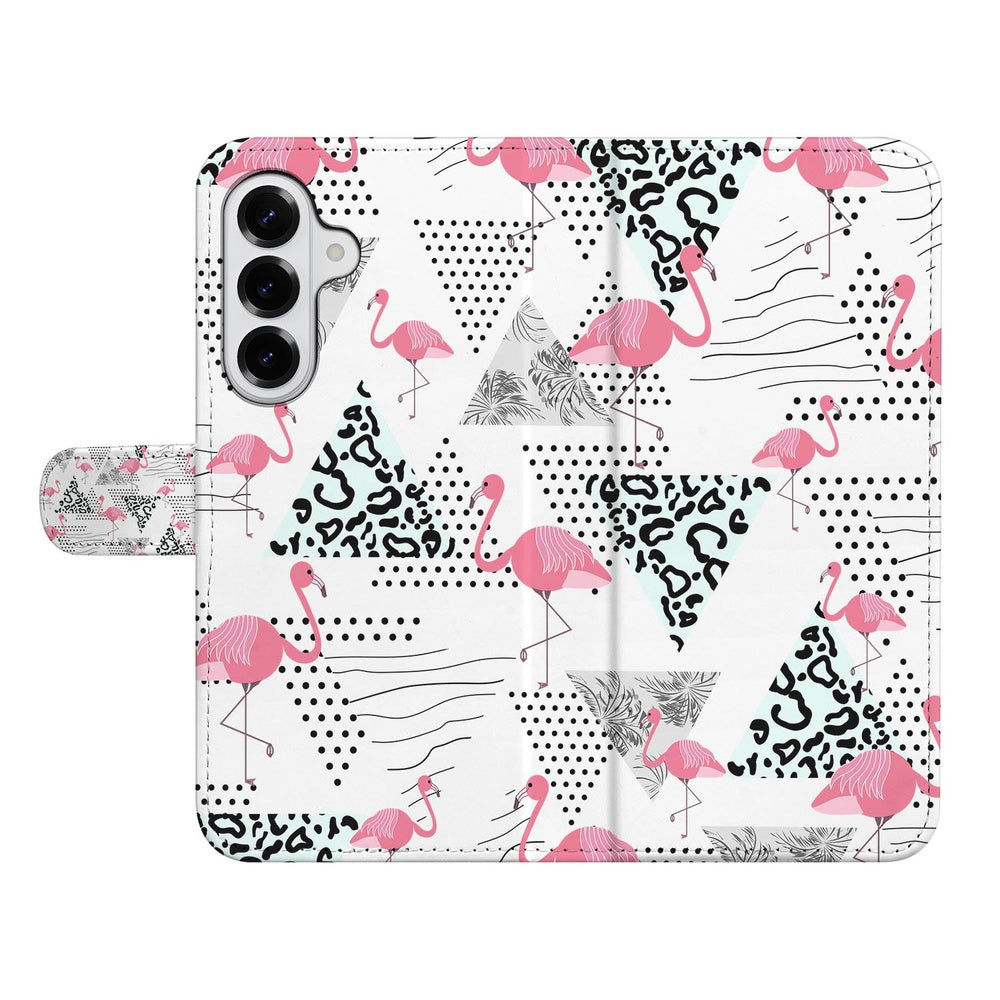 Samsung Galaxy S26 Plus Telefoonhoesje Flamingo Triangle Design voorkant met roze flamingo's en geometrische patronen.