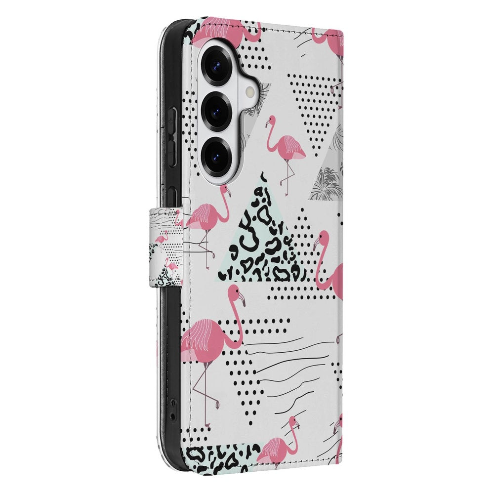 Samsung Galaxy S26 Plus Telefoonhoesje Flamingo Triangle zijaanzicht met roze flamingo’s op witte achtergrond.