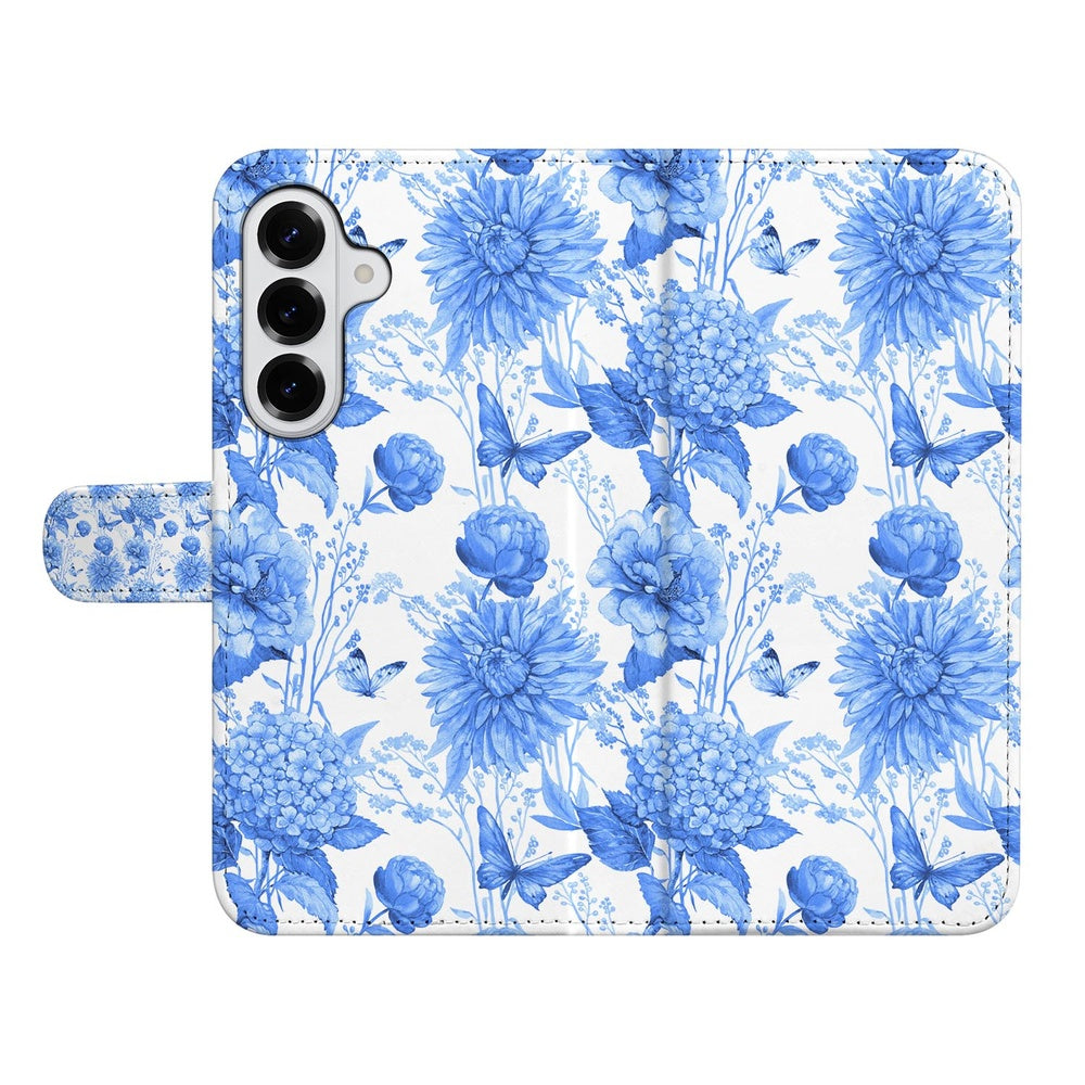 Samsung Galaxy S26 Plus Blauw Bloemen Book Case bloemenprint aanzicht.