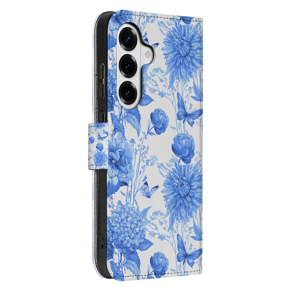 Samsung Galaxy S26 Plus Blauw Bloemen Book Case bloemenprint zijaanzicht.