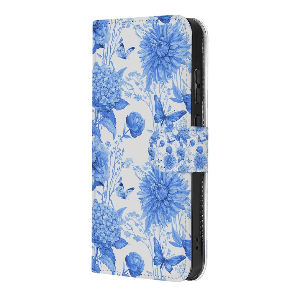 Samsung Galaxy S26 Plus Blauw Bloemen Book Case met pasjeshouder blauw bloemenprint voorkant.