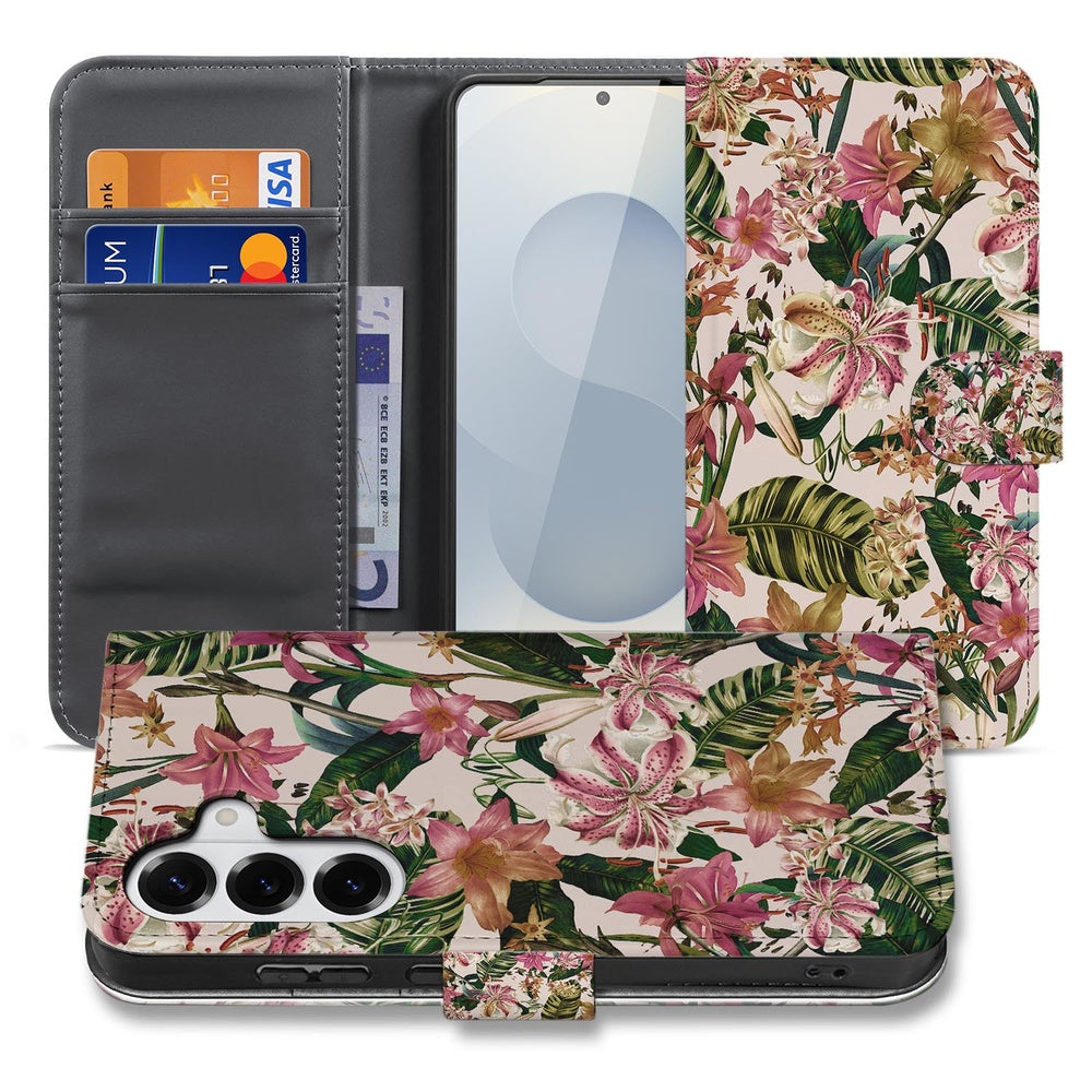 Samsung Galaxy S26 Plus Bookcase Paars Wit Bloemen vooraanzicht.