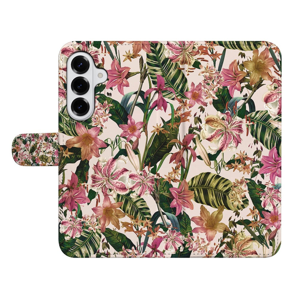 Samsung Galaxy S26 Plus Bookcase Paars Wit Bloemen Achteraanzicht.