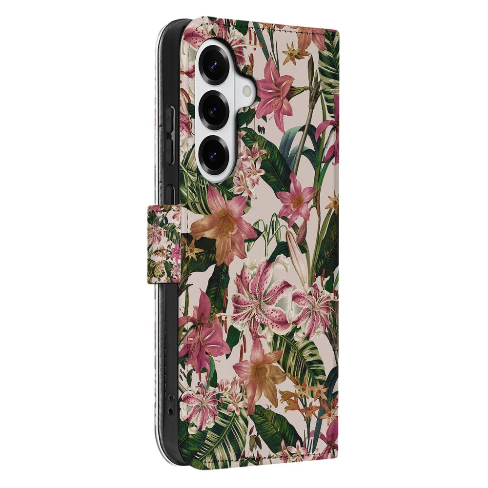 Samsung Galaxy S26 Plus Bookcase Paars Wit Bloemen Zijkant.