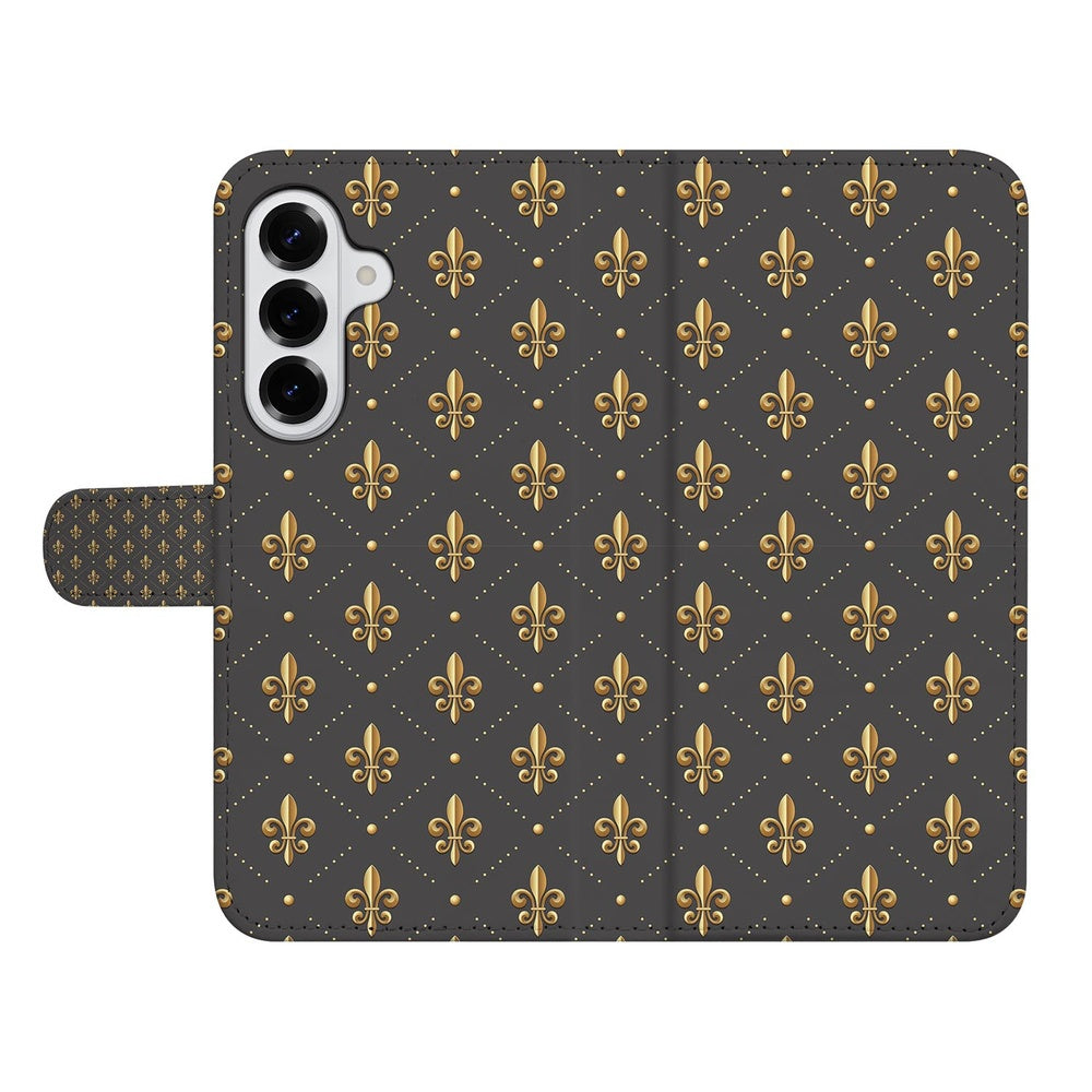Book Case Samsung Galaxy S26 Plus Franse Lelie Bruin Goud design met gouden lelieprint op donkerbruin kunstleer.