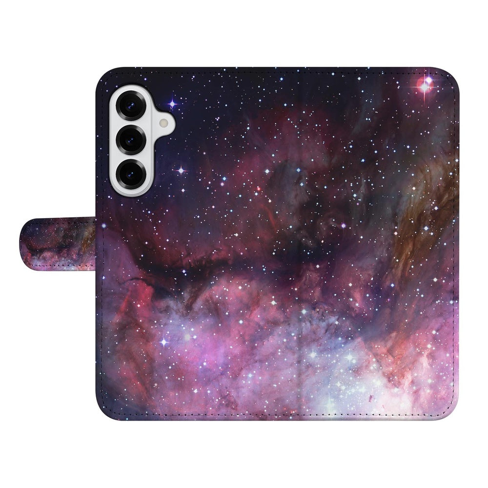 Samsung Galaxy S26 Plus Book Case Hoesje Samsung Galaxy S26 Plus Heelal Design paars-galaxy patroon voorkant.