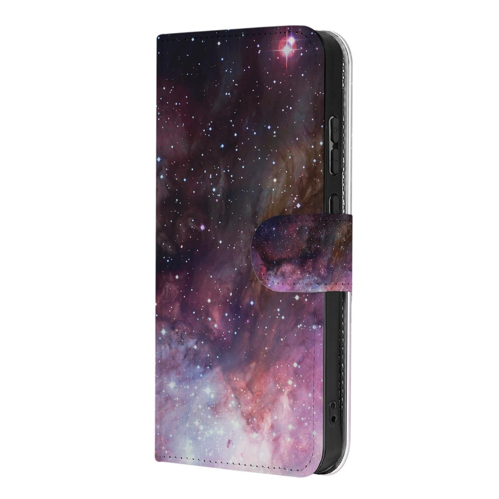 Samsung Galaxy S26 Plus Book Case Hoesje Samsung Galaxy S26 Plus Heelal Design paars-galaxy patroon zijkant.
