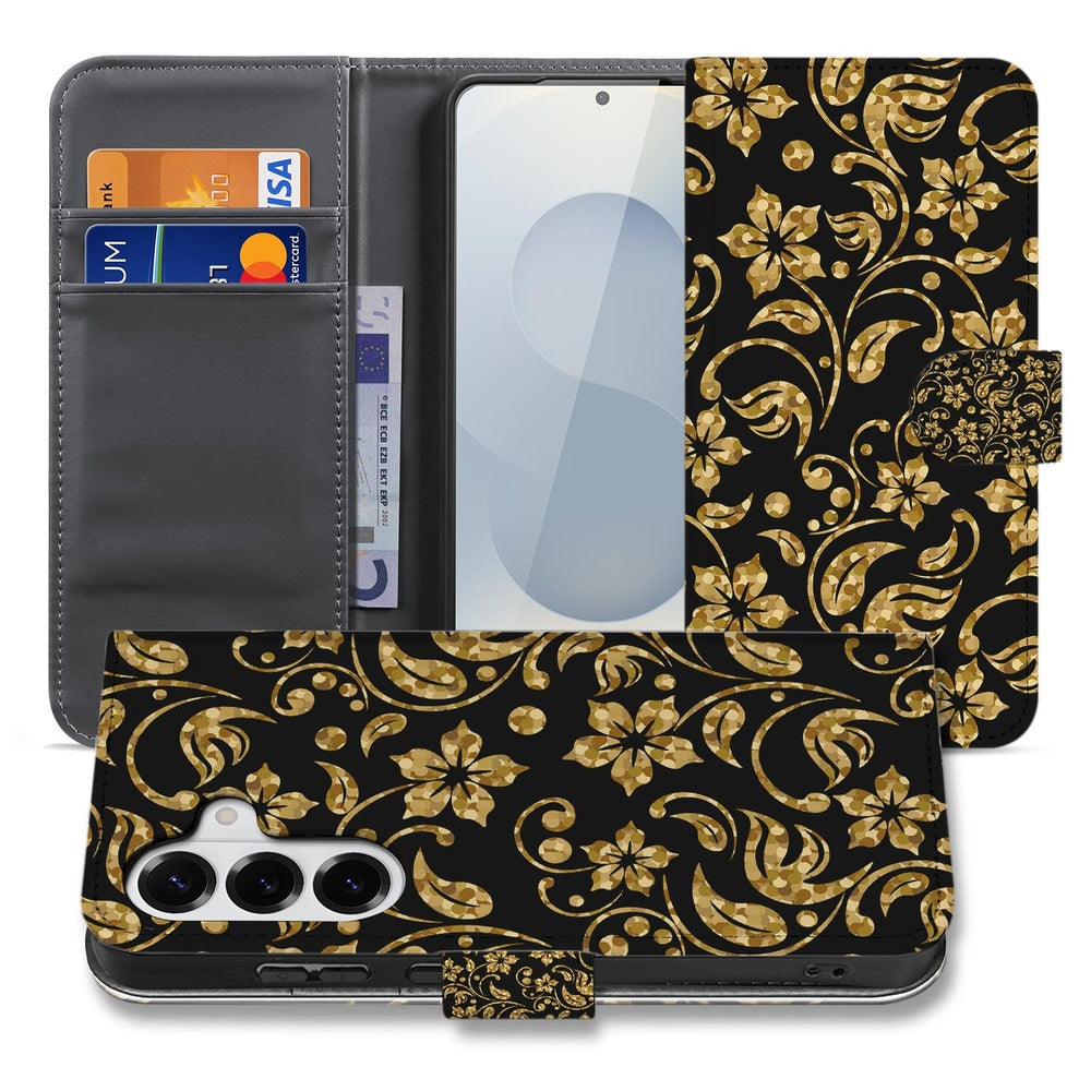 Samsung Galaxy S26 Plus BoekHoesje Gouden Bloemen bloemenpatroon zwart en goud voorkant en achterkant.