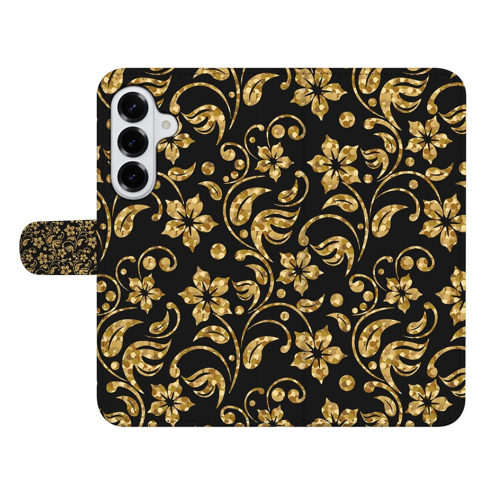 Samsung Galaxy S26 Plus BoekHoesje Gouden Bloemen met gouden bloemmotief op zwarte achtergrond.