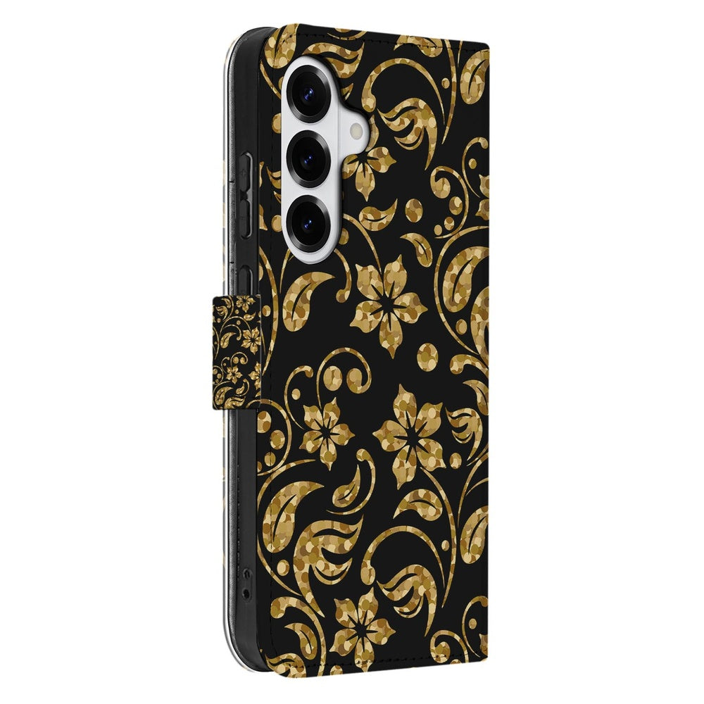 Samsung Galaxy S26 Plus BoekHoesje Gouden Bloemen bloemenprint zwart goud aanzicht.