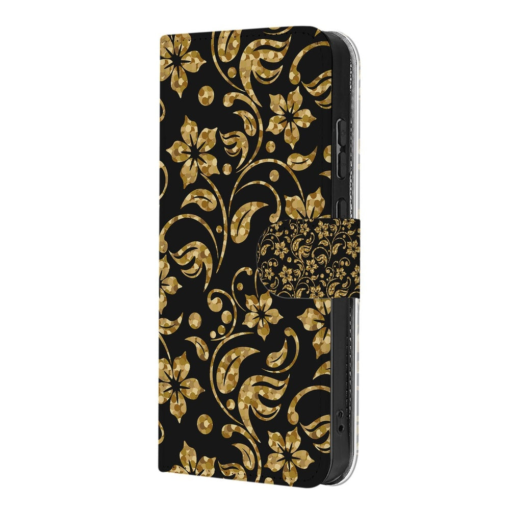 Samsung Galaxy S26 Plus BoekHoesje Gouden Bloemen Gouden bloemenmotief zwart kunstleer zijaanzicht.