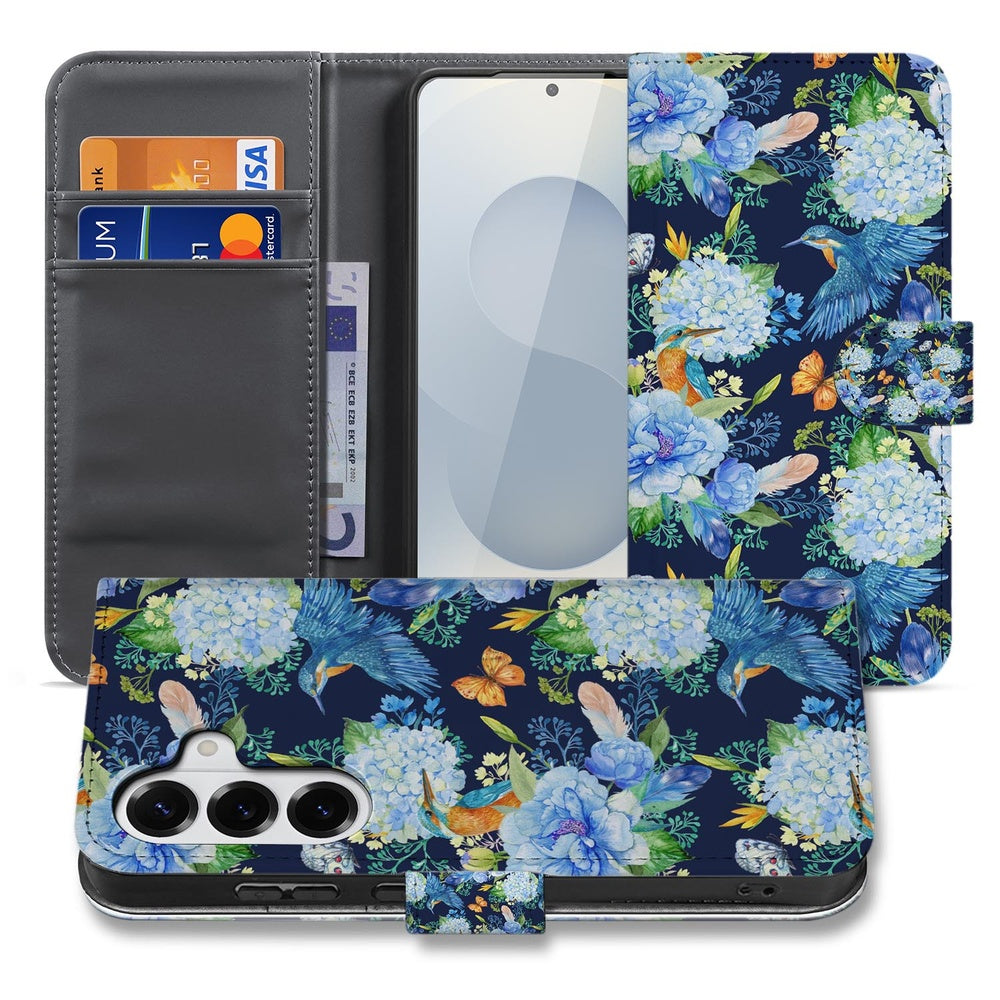 Samsung Galaxy S26 Plus Telefoonhoesje Met Pasjes Ijsvogel donkerblauw met bloemenprint vooraanzicht.