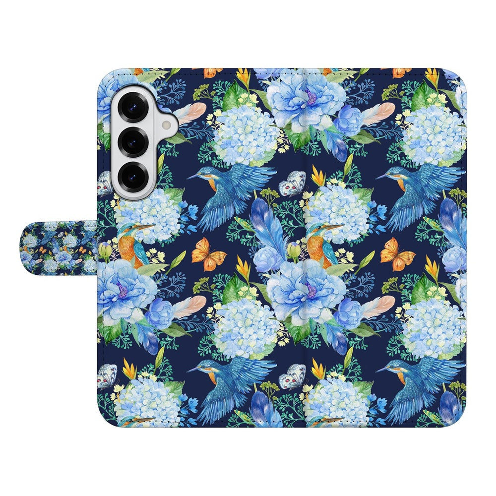 Samsung Galaxy S26 Plus Telefoonhoesje Met Pasjes Ijsvogel design bloemen en vlinders donkerblauw.