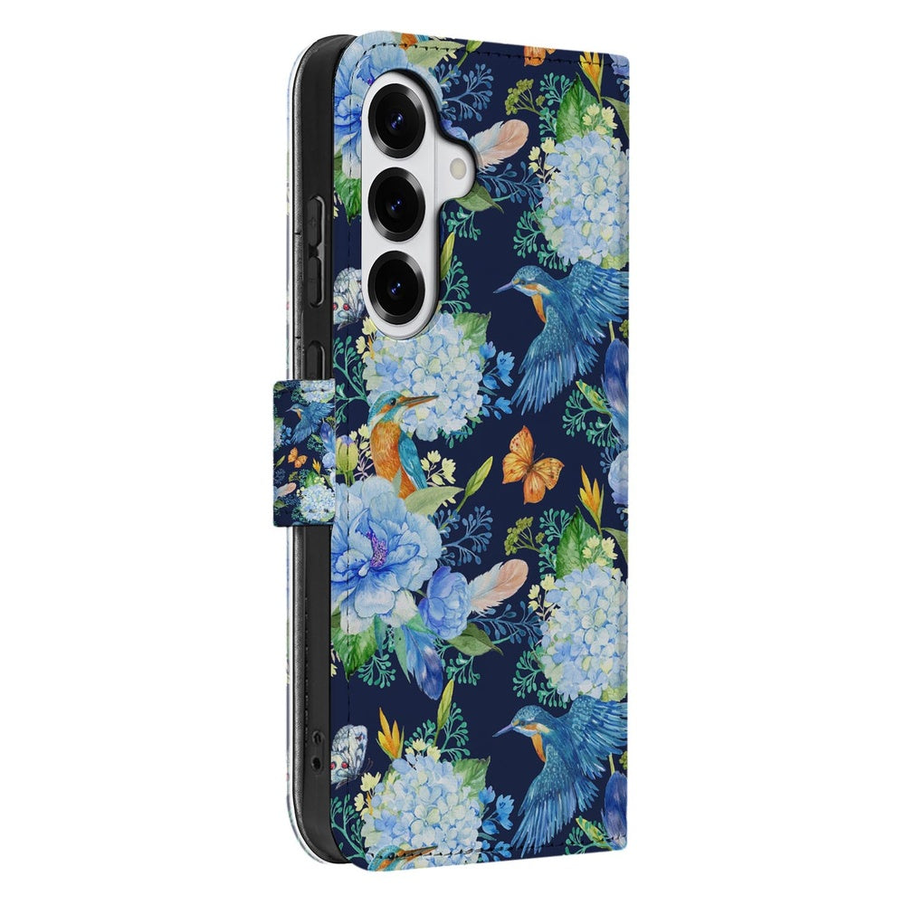 Samsung Galaxy S26 Plus Telefoonhoesje Met Pasjes Ijsvogel bloemen dessin zijaanzicht.