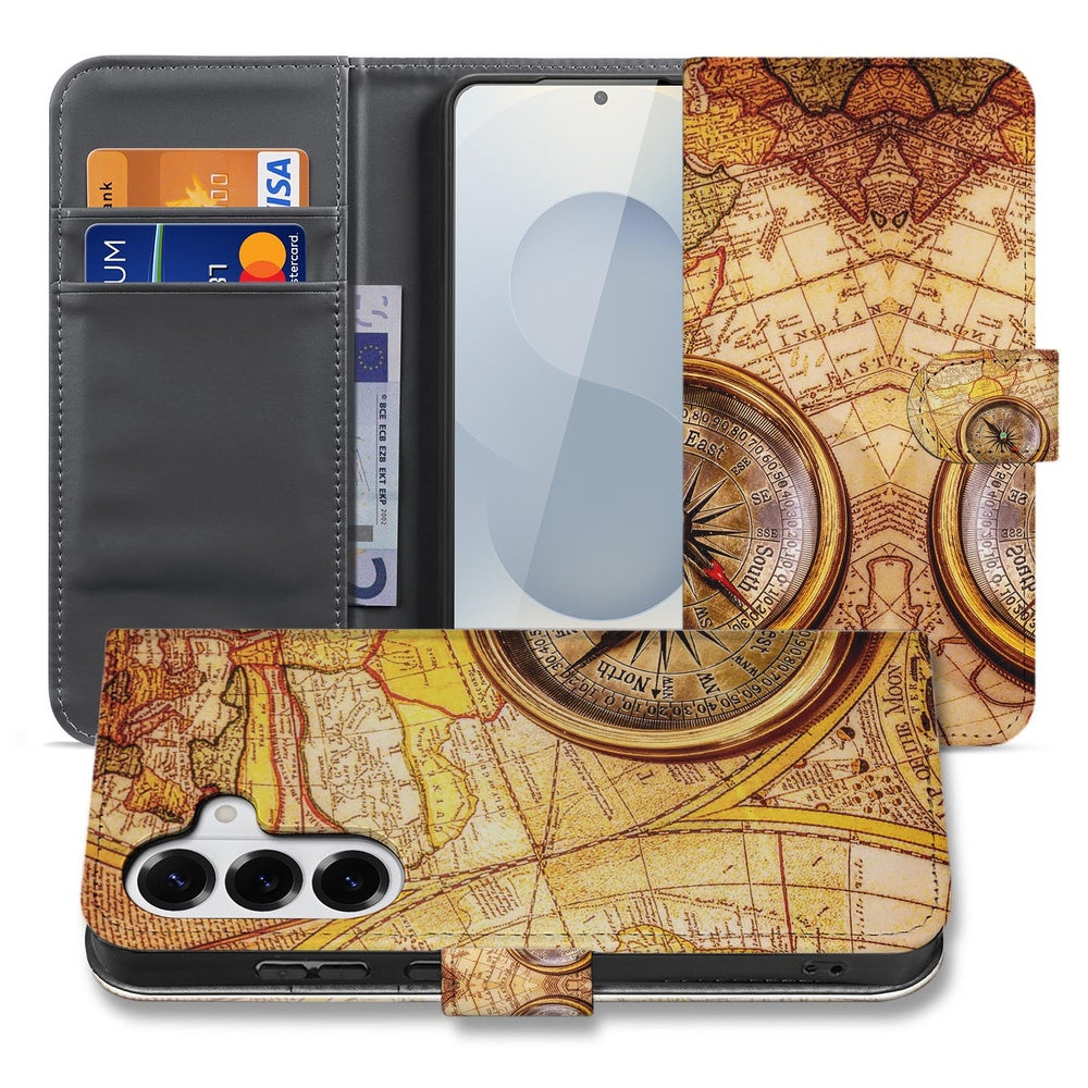 Samsung Galaxy S26 Plus Book Case Kompas design vintage kaart met kompas en kaart detail.