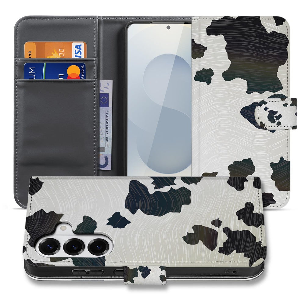 Samsung Galaxy S26 Plus Book Case Hoesje Koeienvlekken design voorkant en binnenkant met vakjes.