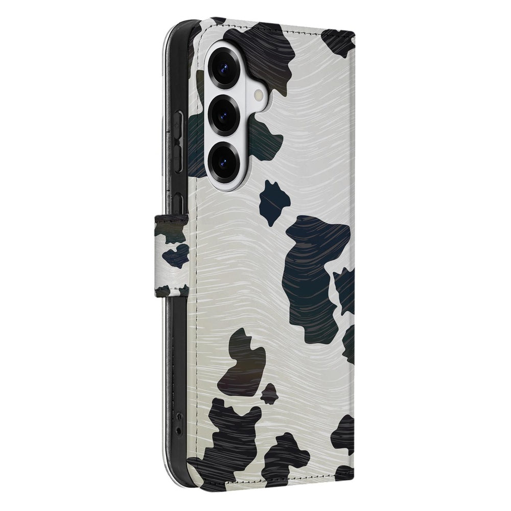 Samsung Galaxy S26 Plus Book Case Hoesje Koeienvlekken zwart wit zijkant.