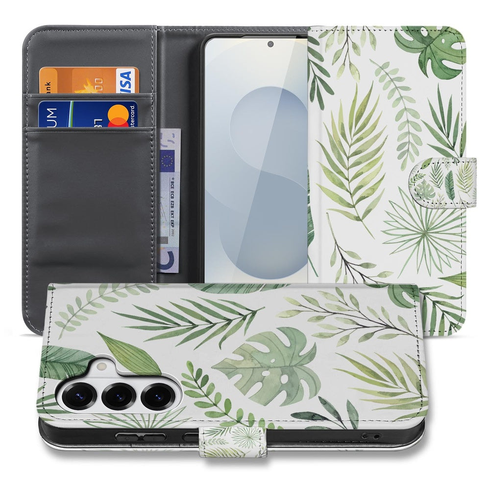 Samsung Galaxy S26 Plus Book Case Bladeren Lichtgroen Wit Aanzicht met kaartvak en stijlvolle bladprint.