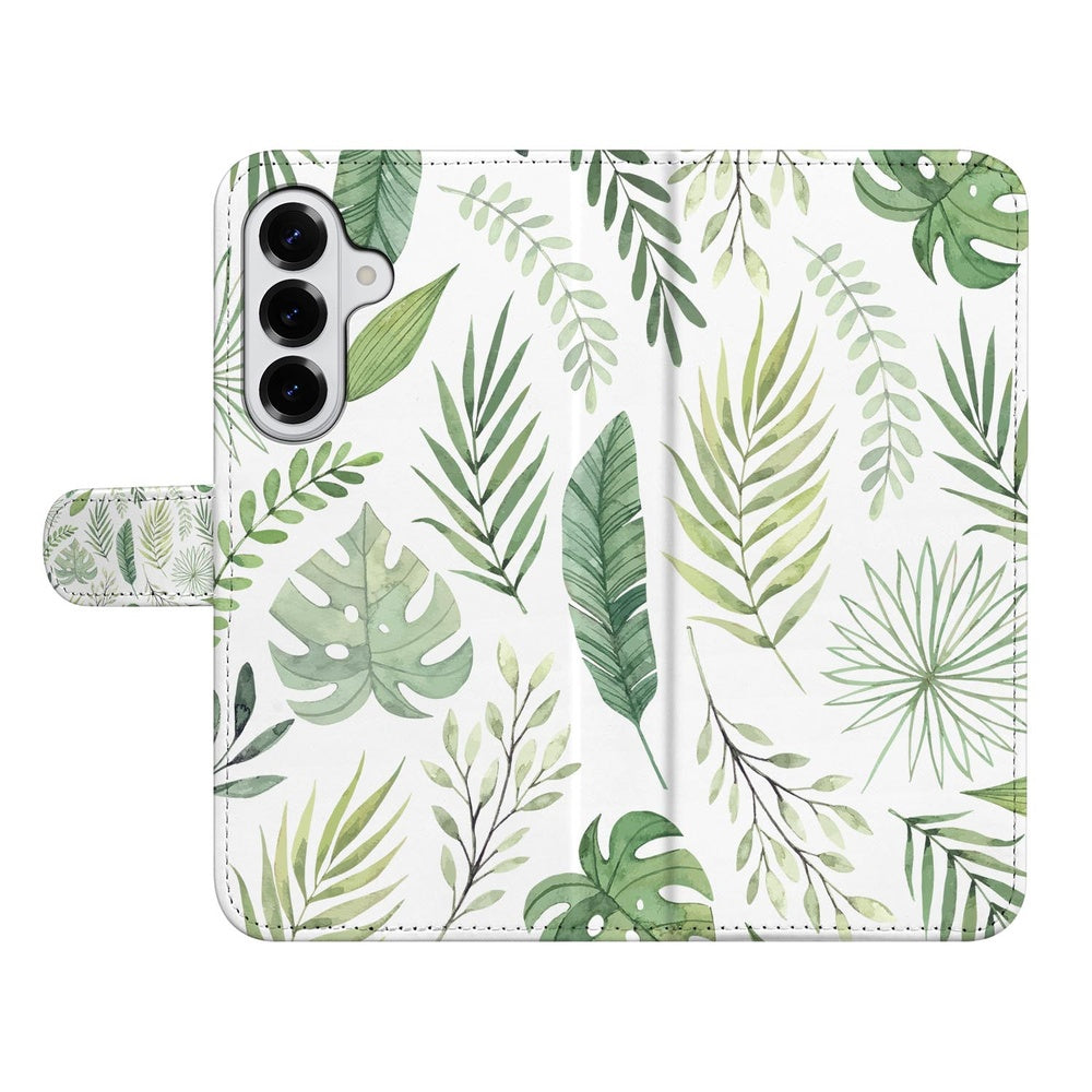 Samsung Galaxy S26 Plus Book Case Bladeren Lichtgroen Wit Aanzicht voorkant.