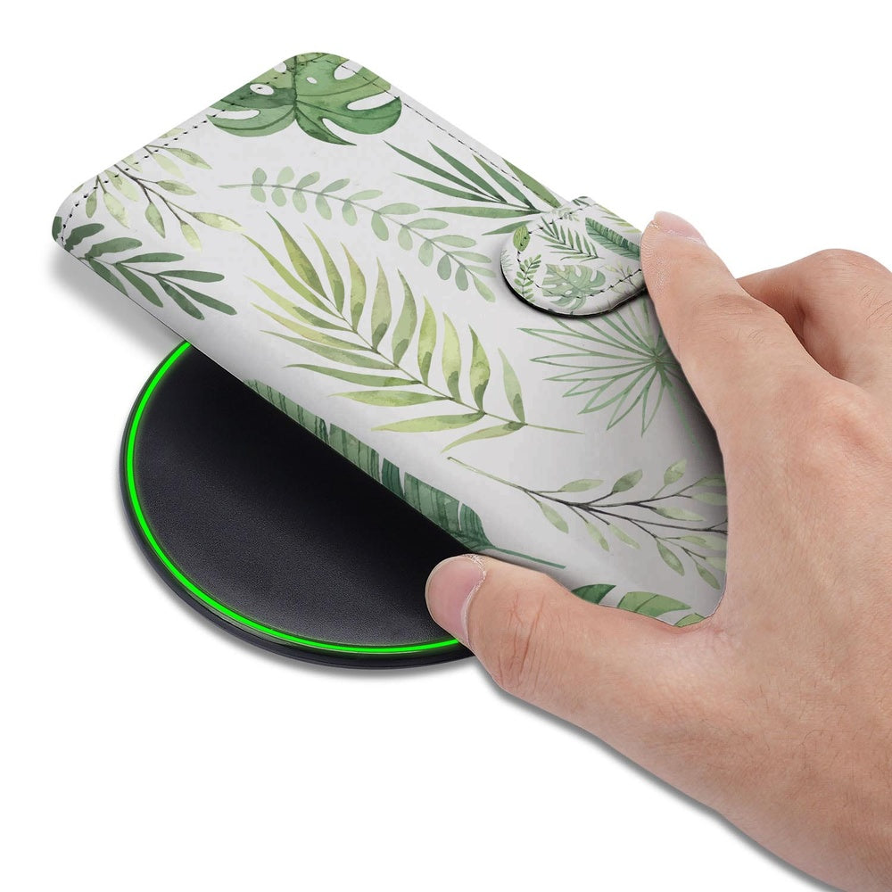 Samsung Galaxy S26 Plus Book Case Bladeren Lichtgroen Wit hand bedient draadloze oplader.