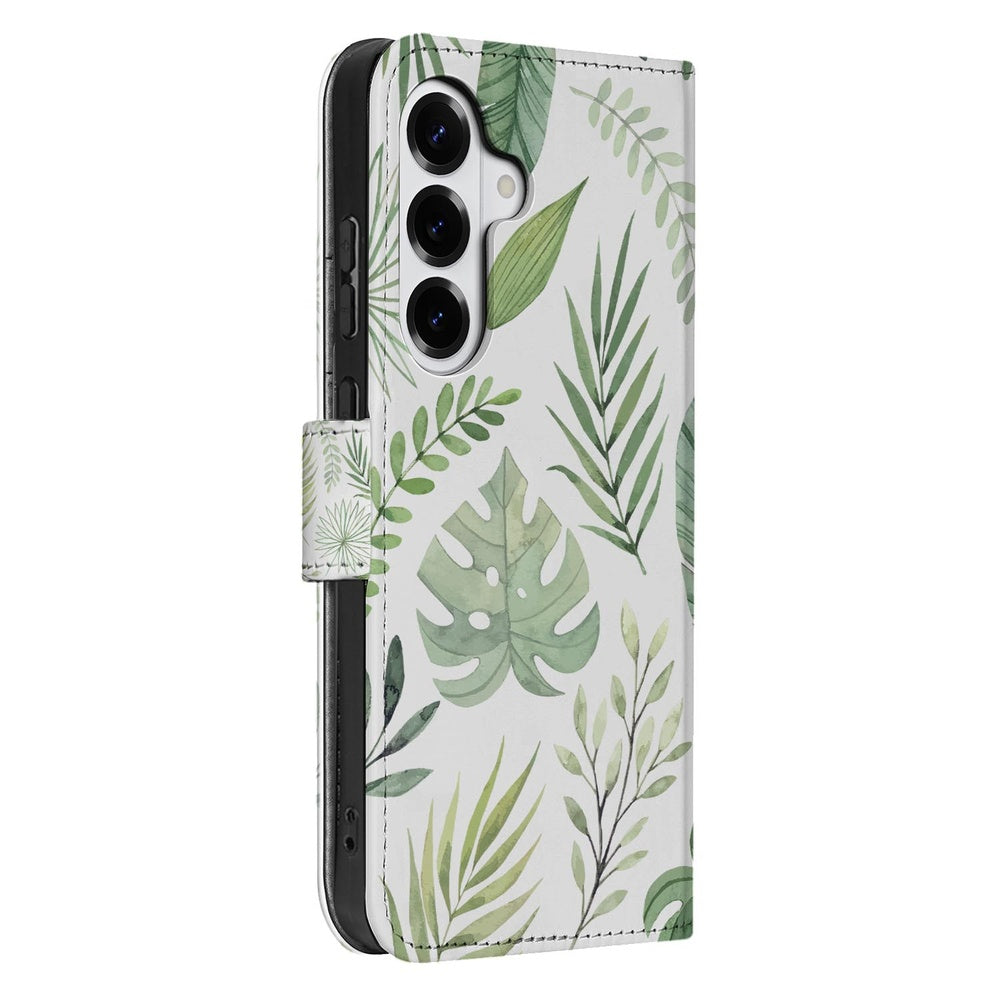 Samsung Galaxy S26 Plus Book Case Bladeren Lichtgroen Wit zij-aanzicht.