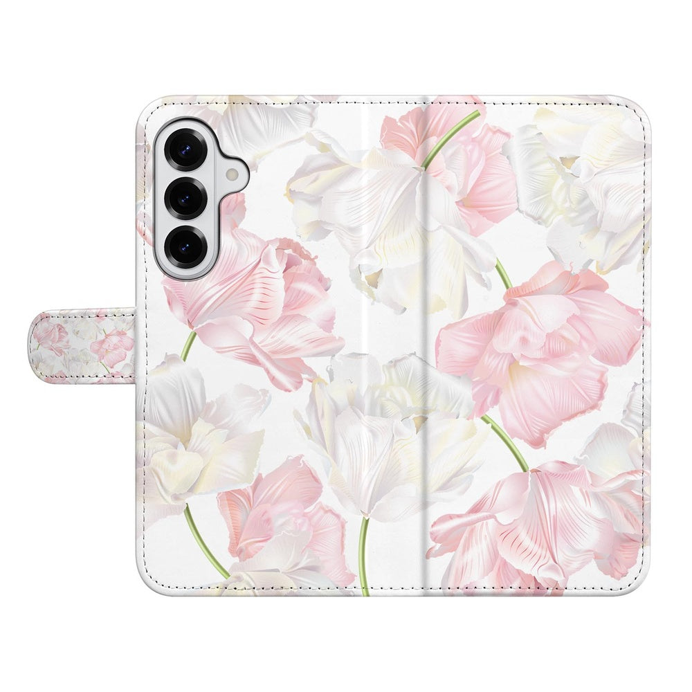Samsung Galaxy S26 Plus Bookcase Hoesje Lovely Flowers Roze Wit bloemprint kunstleer frontaanzicht.