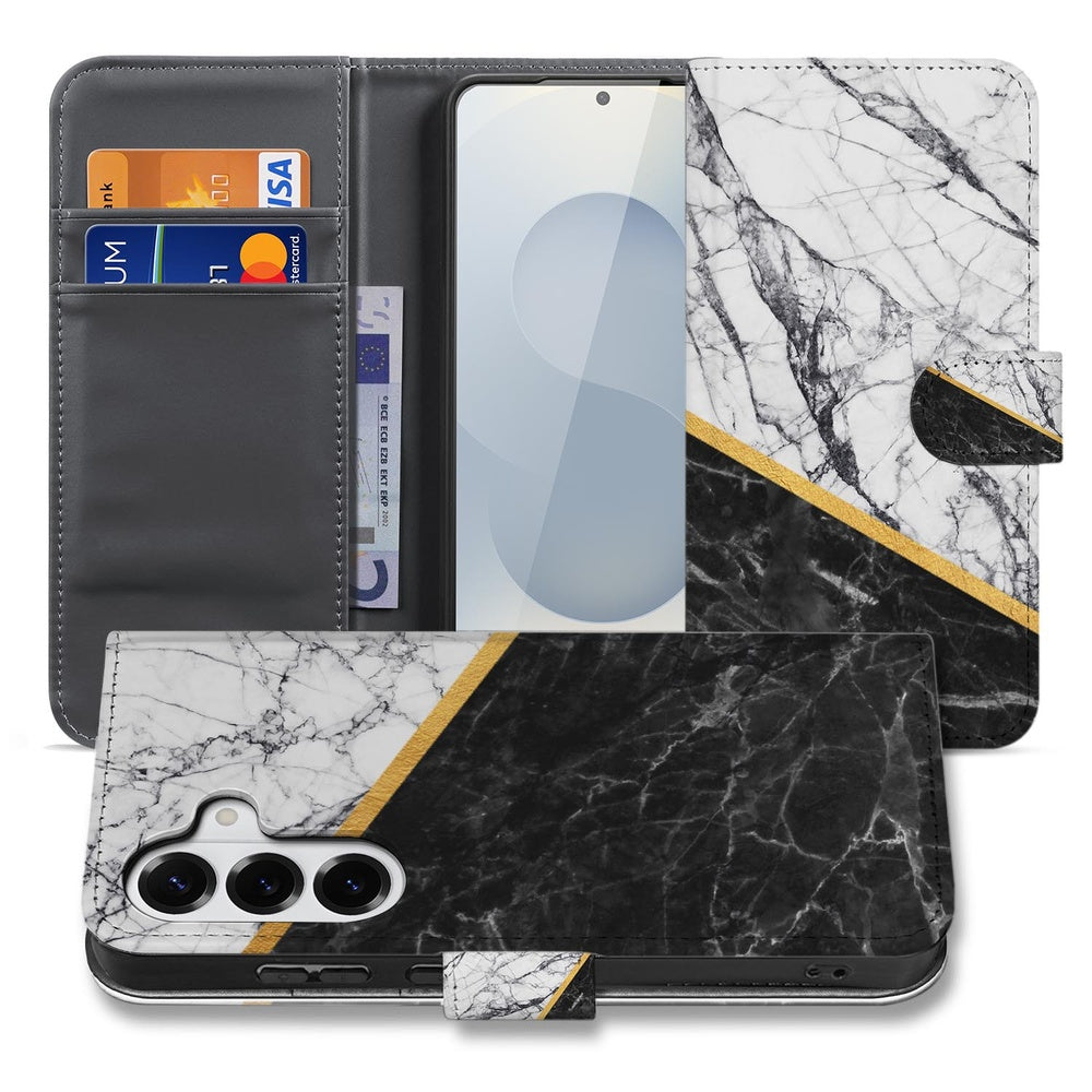 Samsung Galaxy S26 Plus Bookcase Marmer Wit Zwart Gouden Lijn Wallet Case met zwart-wit marmerdesign en gouden lijn detail.