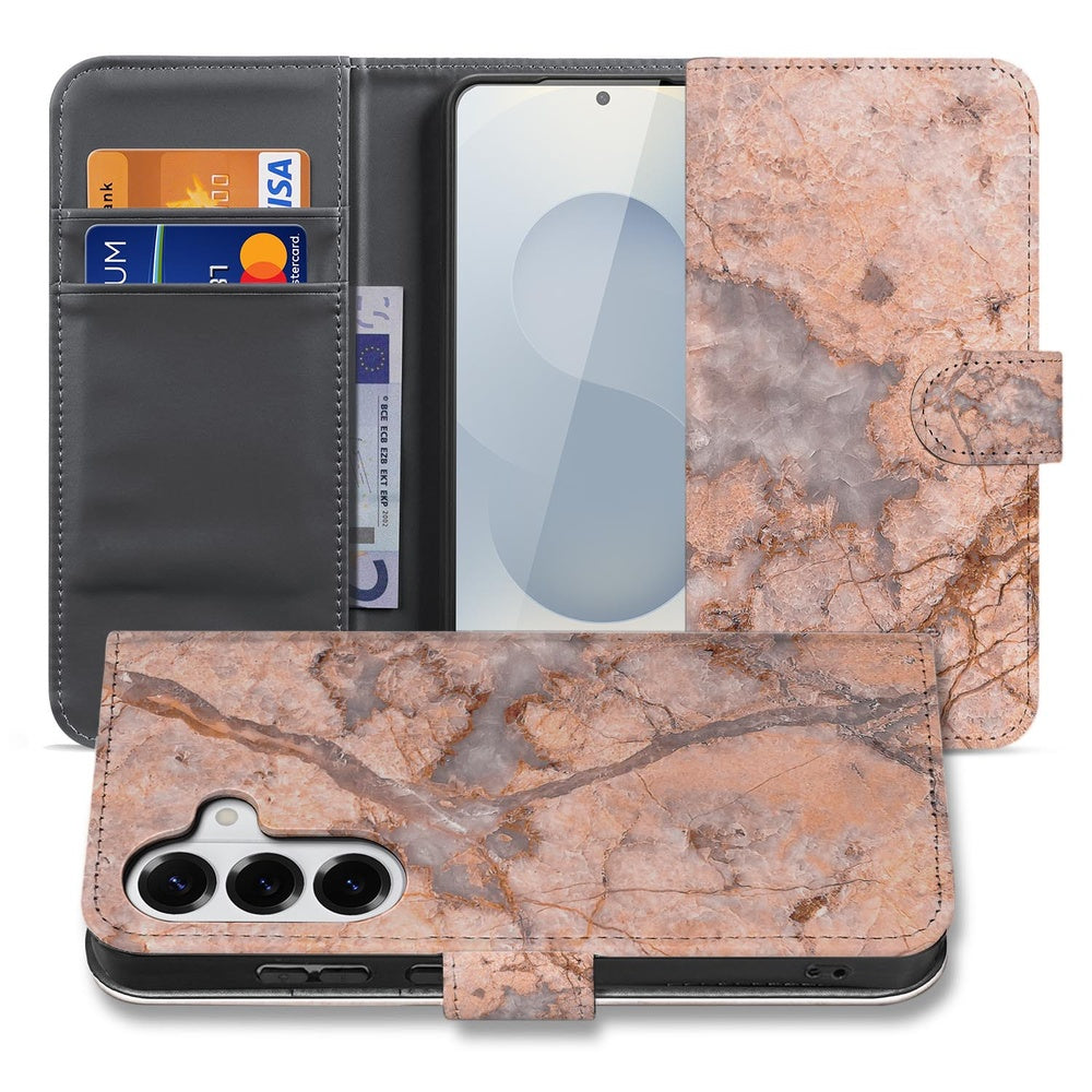 Samsung Galaxy S26 Plus Bookcase Hoesje Marmer Oranje boekcasehoes met marmer patroon en portemonnee-functionaliteit.