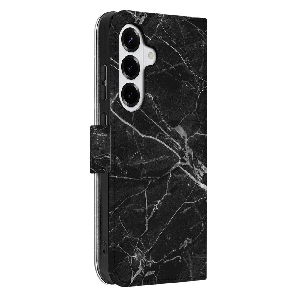 Samsung Galaxy S26 Plus Bookcase Zwart Marmer zwart marmer ontwerp zijdeachtig aanzicht.