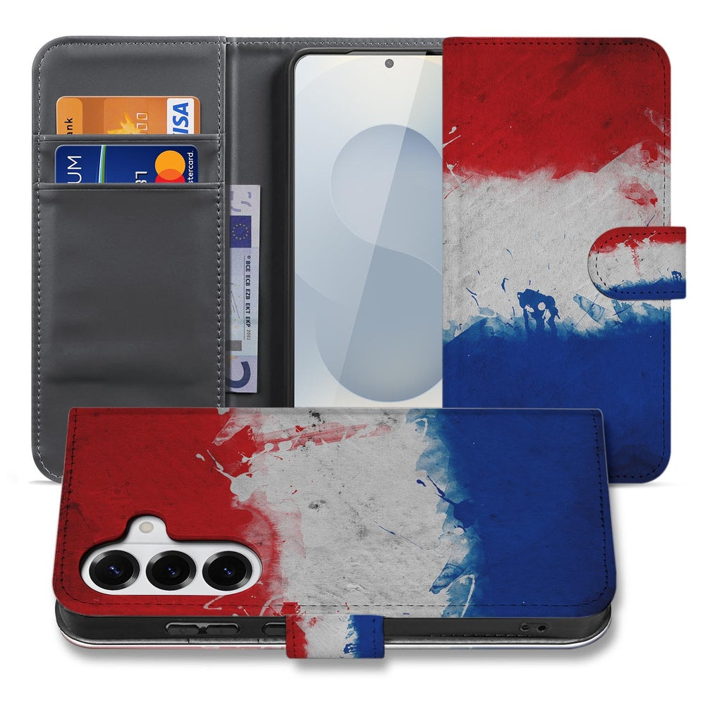 Samsung Galaxy S26 Plus Bookstyle Case Nederlandse Vlag Rood-wit-blauw kunst ontwerp Aanzicht.