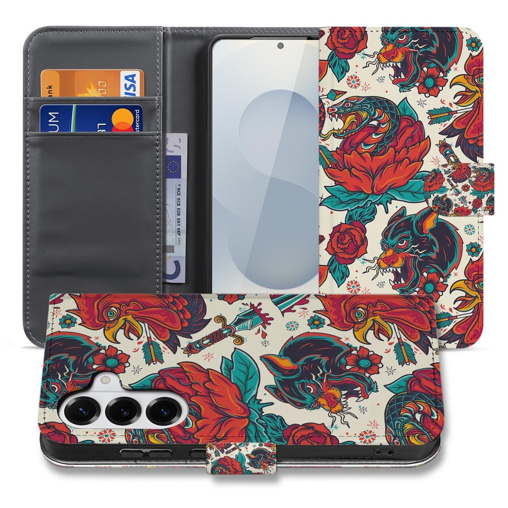Samsung Galaxy S26 Plus Telefoonhoesje Old Skool tattoo print met pashouder en magnetische sluiting.