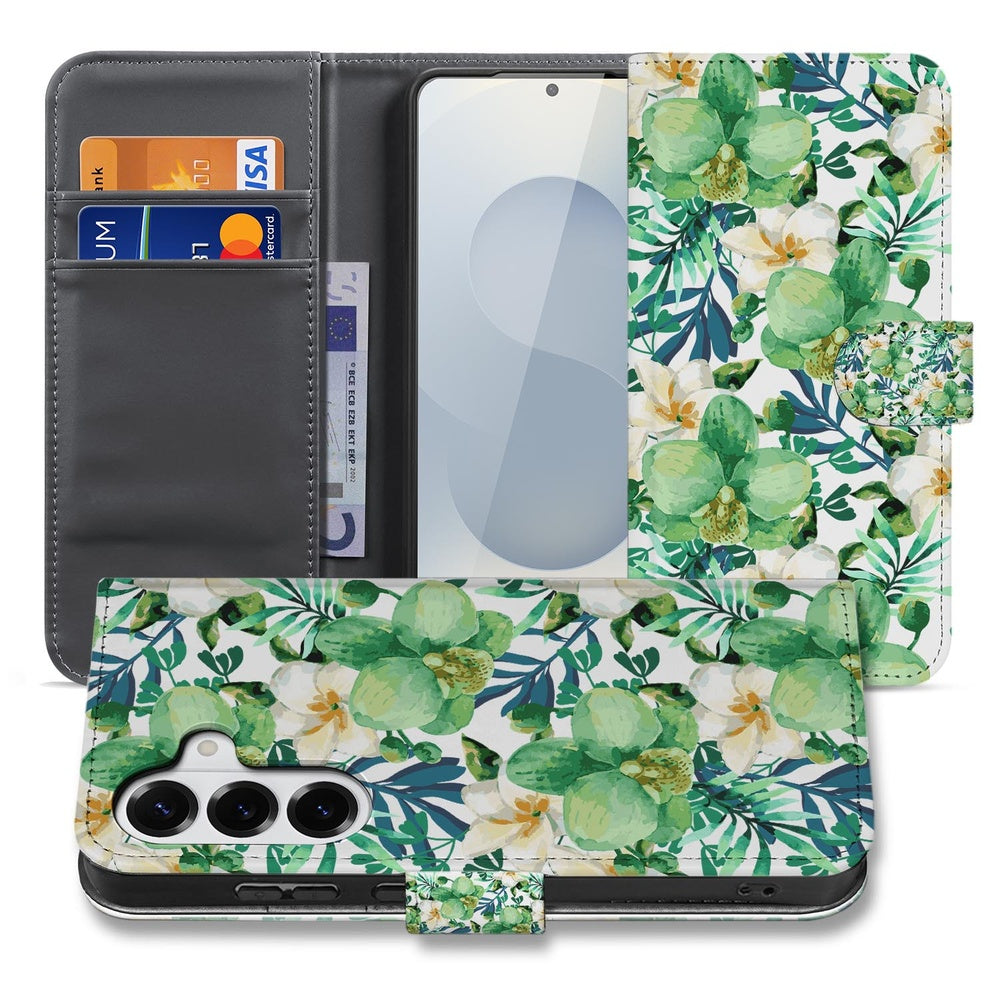 Samsung Galaxy S26 Plus Book Case Orchidee Groen Aanzicht van binnen en buiten met bloemenprint.