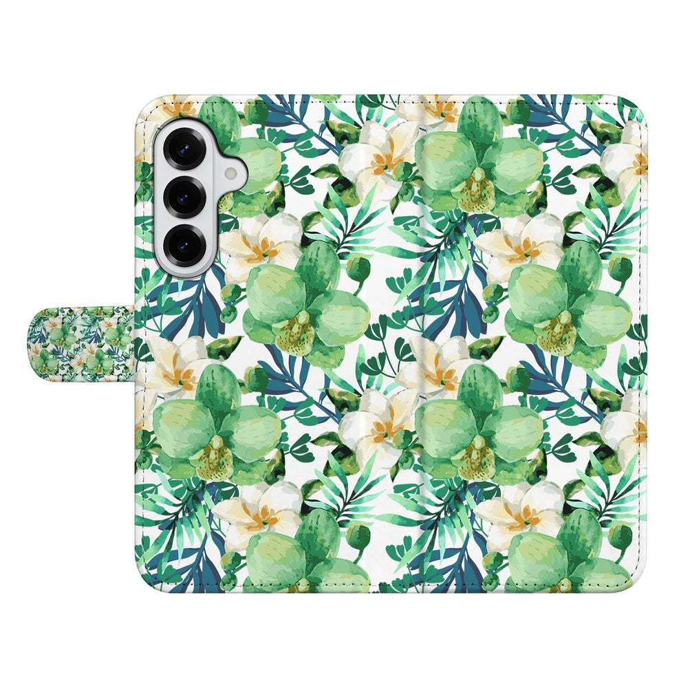 Samsung Galaxy S26 Plus Book Case Orchidee Groen Design met orchideeënmotief Aanzicht.