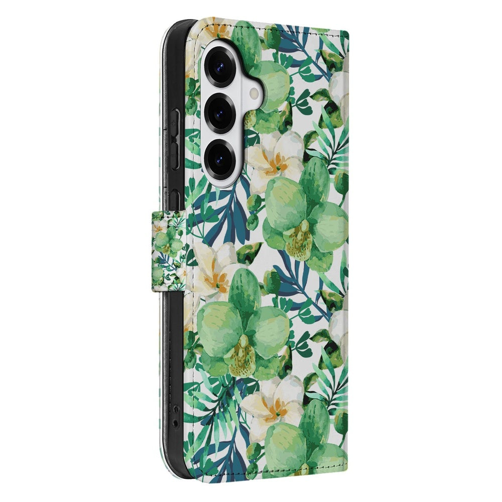 Samsung Galaxy S26 Plus Book Case Orchidee Groen design met orchideeënmotief zijaanzicht.