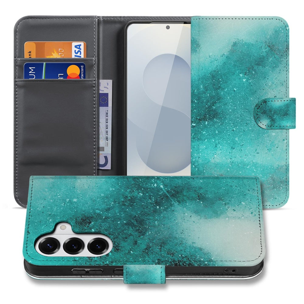 Samsung Galaxy S26 Plus Bookcase Hoesje Painting Blue waterverf blauw design voorkant en binnenkant.