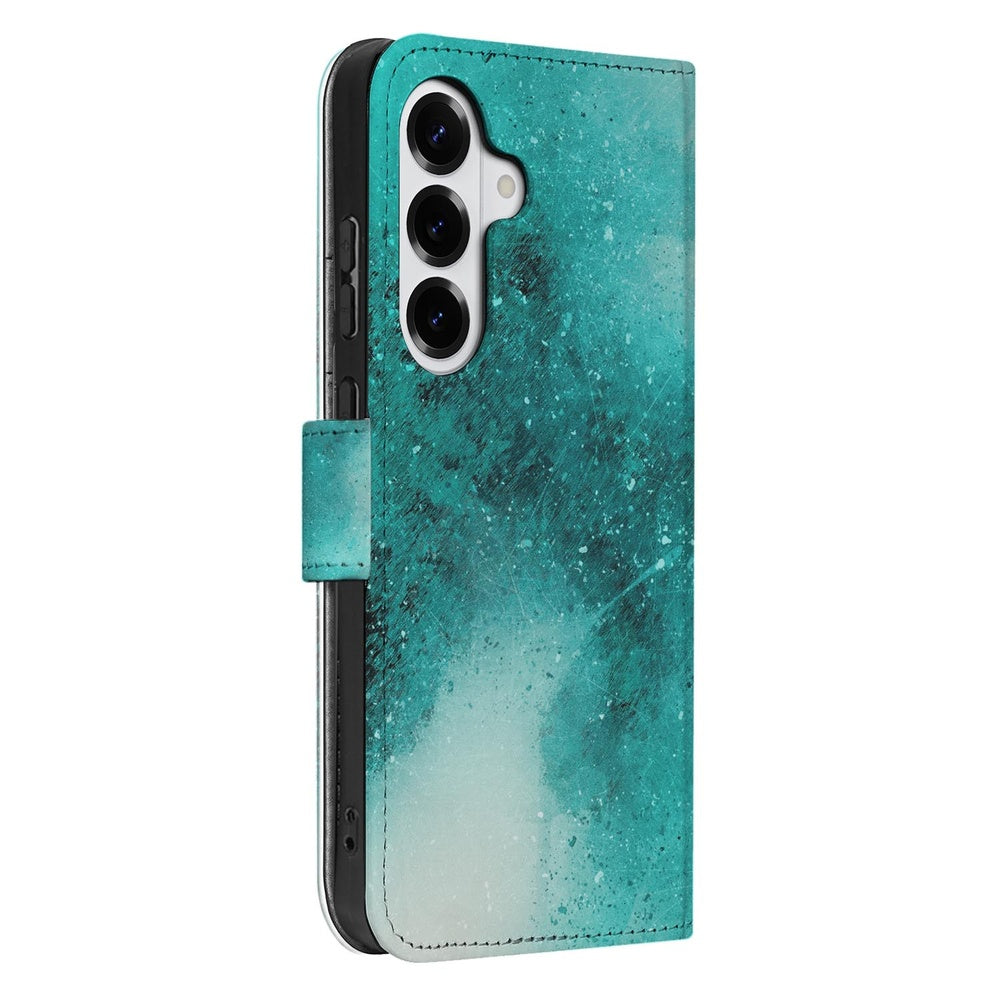 Samsung Galaxy S26 Plus Bookcase Hoesje Painting Blue waterverf design blauwe tinten zijaanzicht.