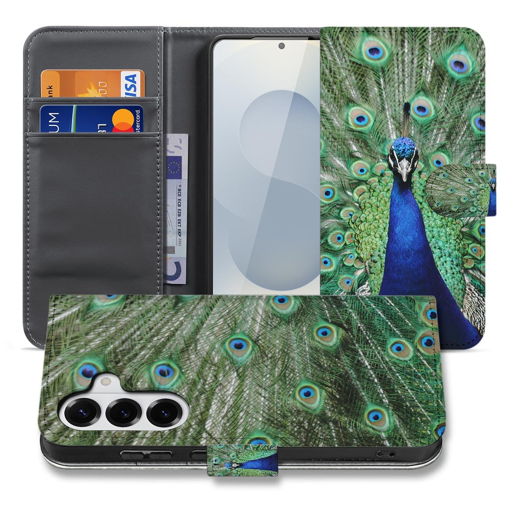 Samsung Galaxy S26 Plus Bookcase Hoesje Met Pauwprint pauwprint groen en blauw voorkant en binnenkant.