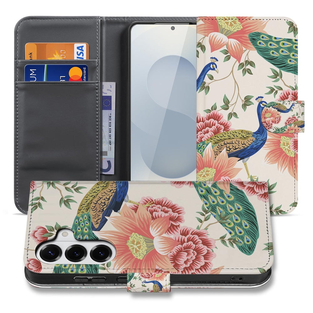 Samsung Galaxy S26 Plus Portemonnee Hoesje Pink Peacock design binnenzijde met pasjes en briefgeldopslag.