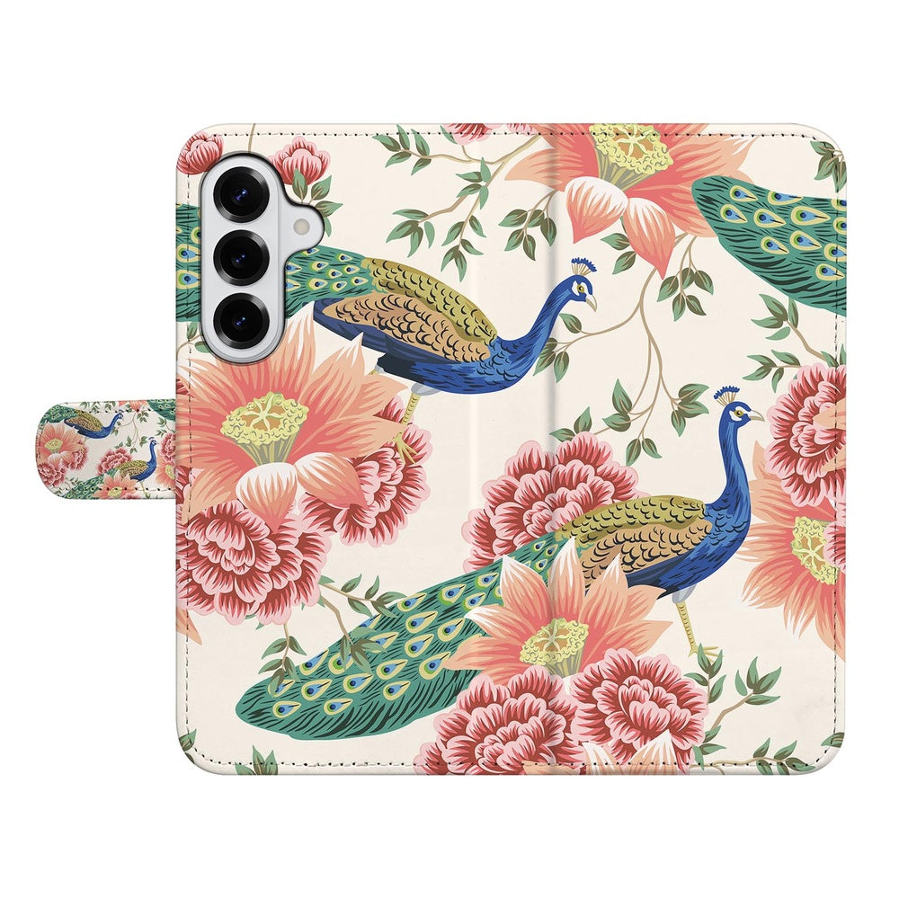 Samsung Galaxy S26 Plus Portemonnee Hoesje Pink Peacock ontwerp voorkant.